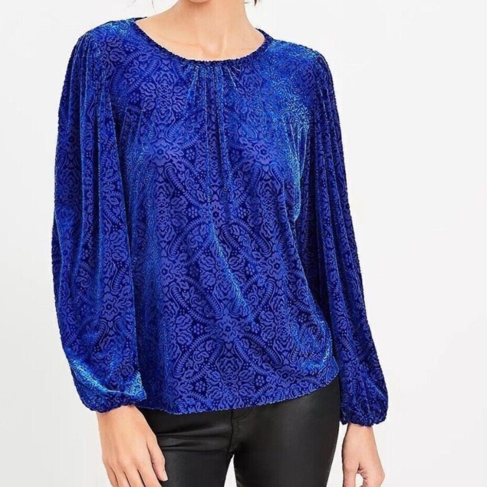 LOFT Blue Mosaic Cozy Velour Textured Top Size Small NWT